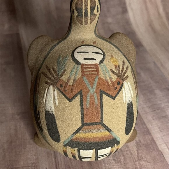 Vtg 80s Native Sand Art Painting Turtle Tortoise w Yei Figure Southwest 6” L - Picture 2 of 16